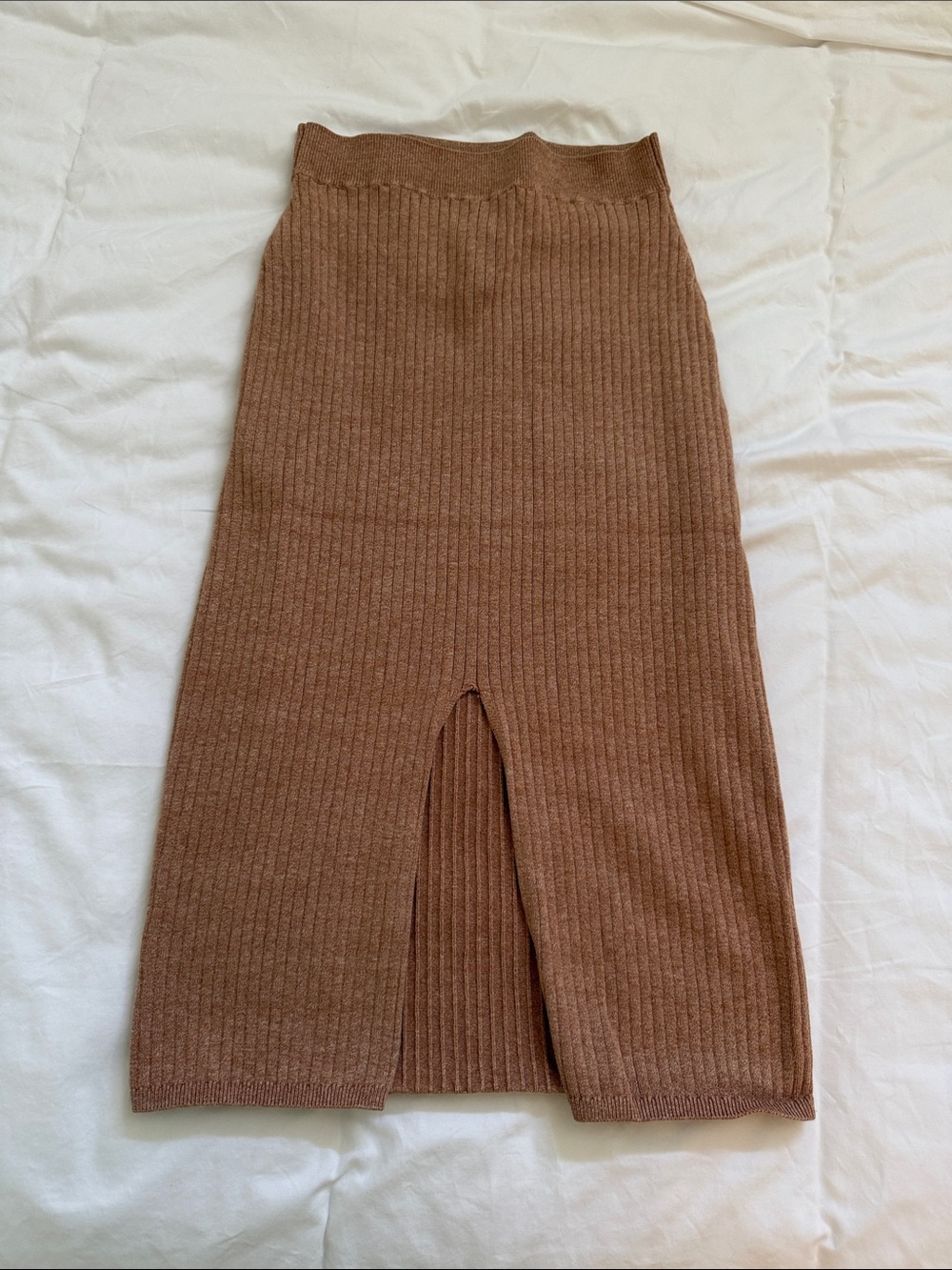 Free People Ribbed Midi Skirt in Camel with Front Slit